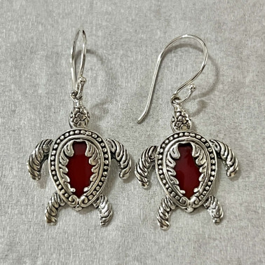 ER 15487 CR-(HANDMADE 925 BALI SILVER TURTLE EARRINGS WITH CORAL)